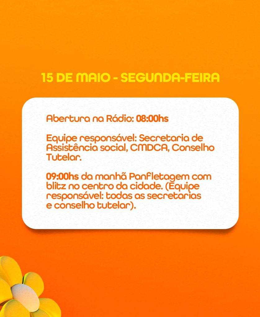 PROGRAMAÇÃO MAIO LARANJA - 15 A 18 DE MAIO