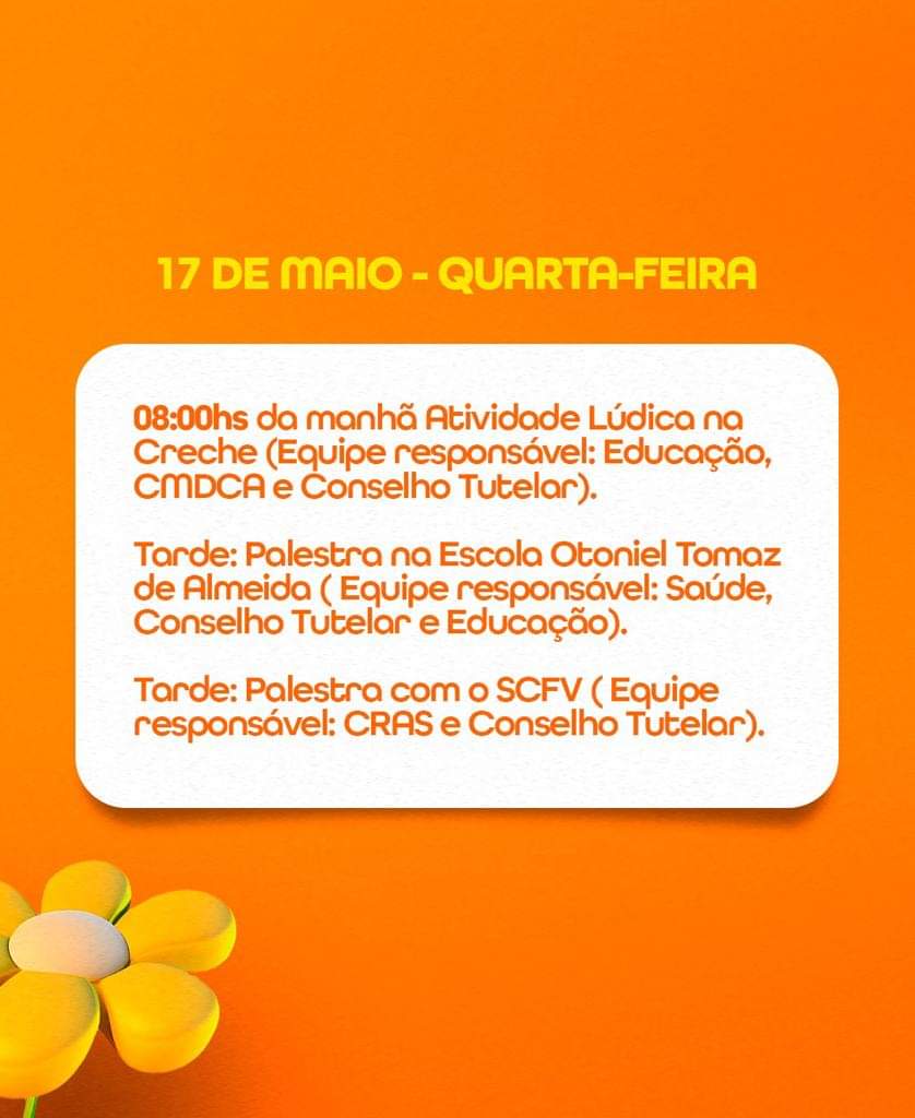PROGRAMAÇÃO MAIO LARANJA - 15 A 18 DE MAIO
